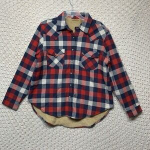Wrangler Flannel Sherpa Lined Jacket Shirt Mens M Button Up Red White Blue Plaid